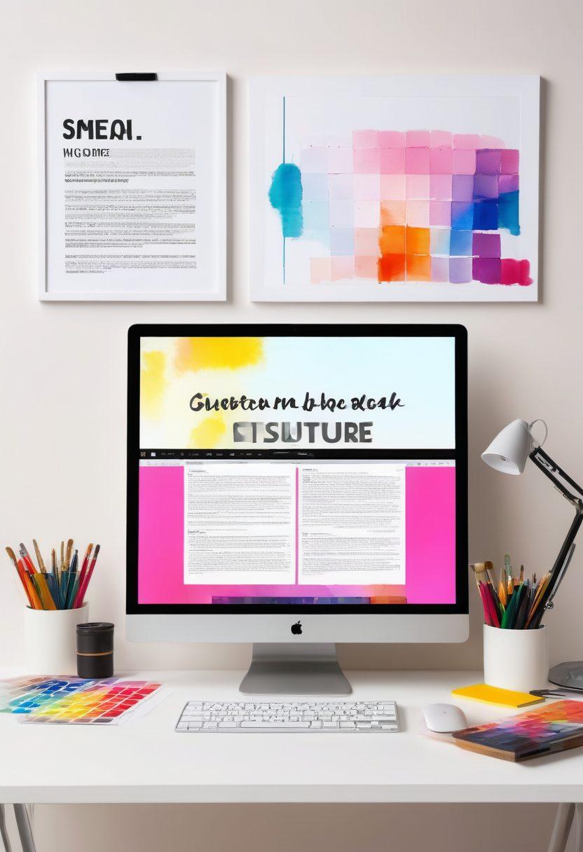 A creatively designed workspace featuring a computer screen displaying a PDF document transforming into a vibrant JPG image, surrounded by artistic tools like brushes and color swatches. Include soft lighting and motivational quotes on the walls to inspire creativity. The scene should evoke a sense of innovation and transformation. super-realistic. vibrant colors. white background.